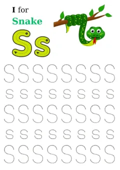 Letter S coloring page with a cute snake and a smiling sun.