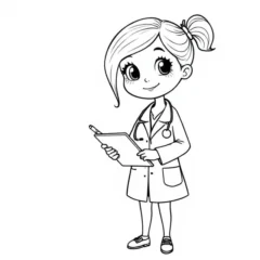 Cô bác sĩ nữ thân thiện đang chờ bé tô màu.