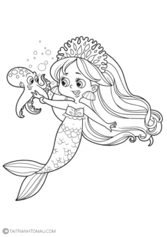 Tranh tô màu nàng tiên cá anime dễ thương.
