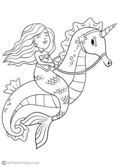 Tranh tô màu nàng tiên cá Ariel cưỡi cá ngựa vui nhộn.