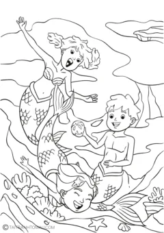 Tranh tô màu nàng tiên cá ngồi trên đá dưới biển.